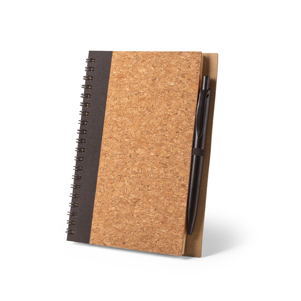 VICENTE. Block notes B6 con penna a sfera in sughero e poliestere riciclato (100% rPET)
