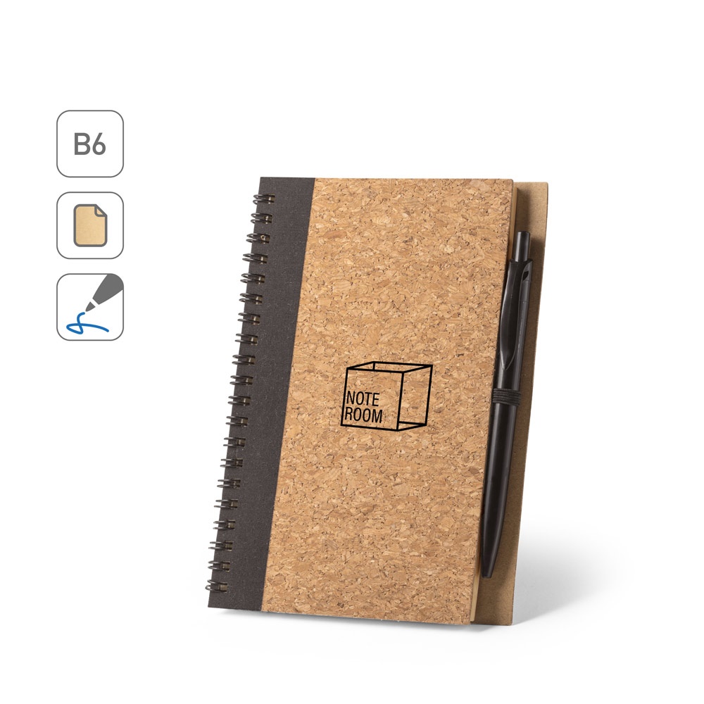 VICENTE. Block notes B6 con penna a sfera in sughero e poliestere riciclato (100% rPET)