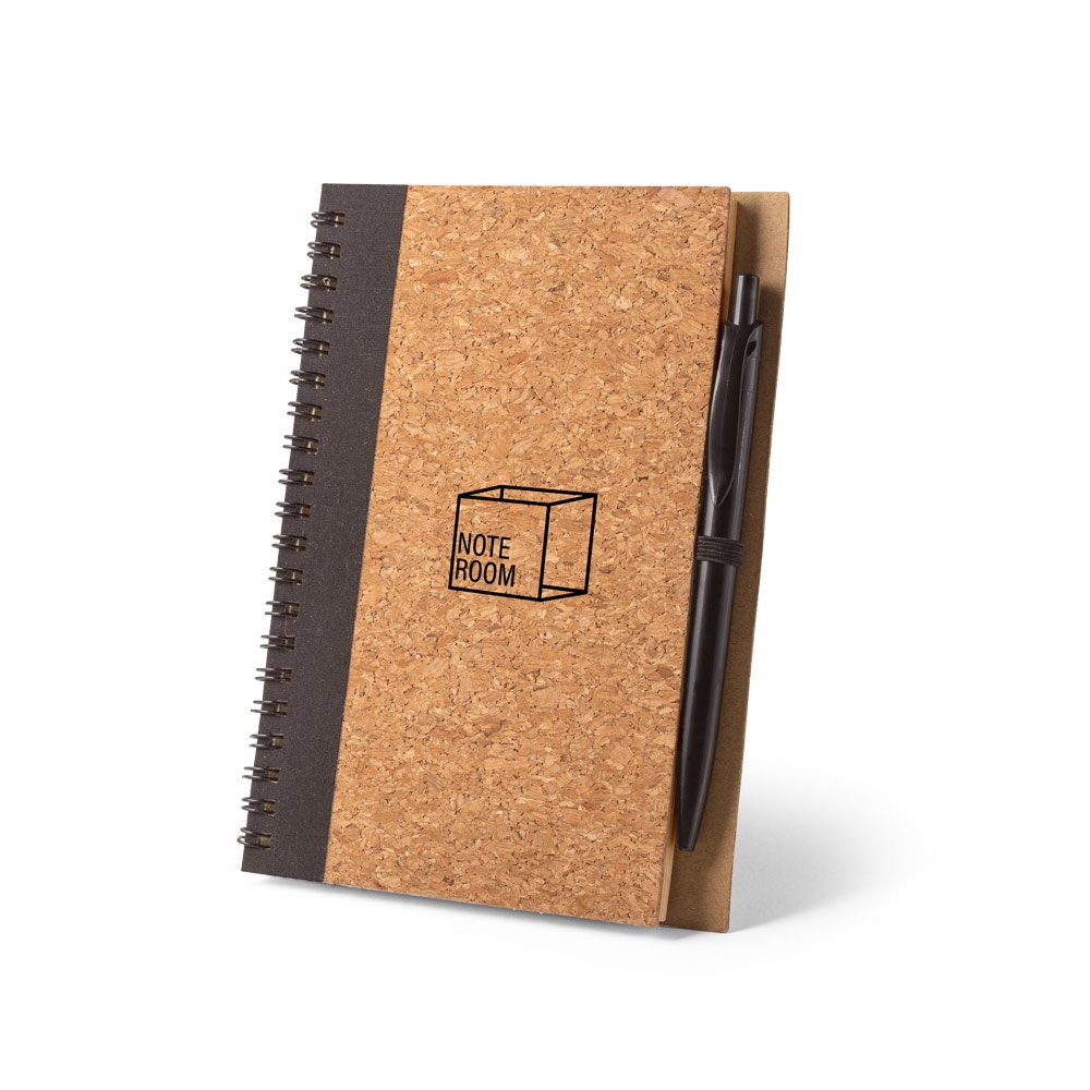 VICENTE. Block notes B6 con penna a sfera in sughero e poliestere riciclato (100% rPET)