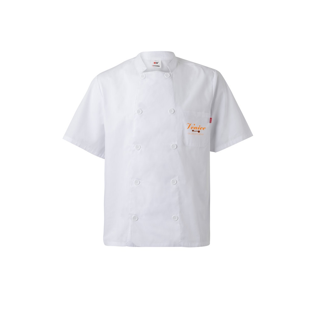 VL DURGA. Giacca da cucina in popeline (110g/m²) a maniche corte, in cotone (35%) e poliestere (65%)