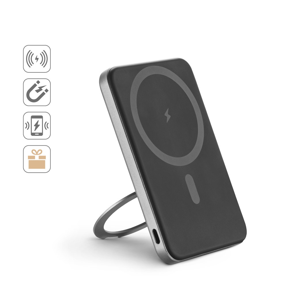 WARSHEL 5. Power bank magnetico da 5'000 mAh con caricatore wireless superveloce da 15W in ABS riciclato (100% rABS) con supporto