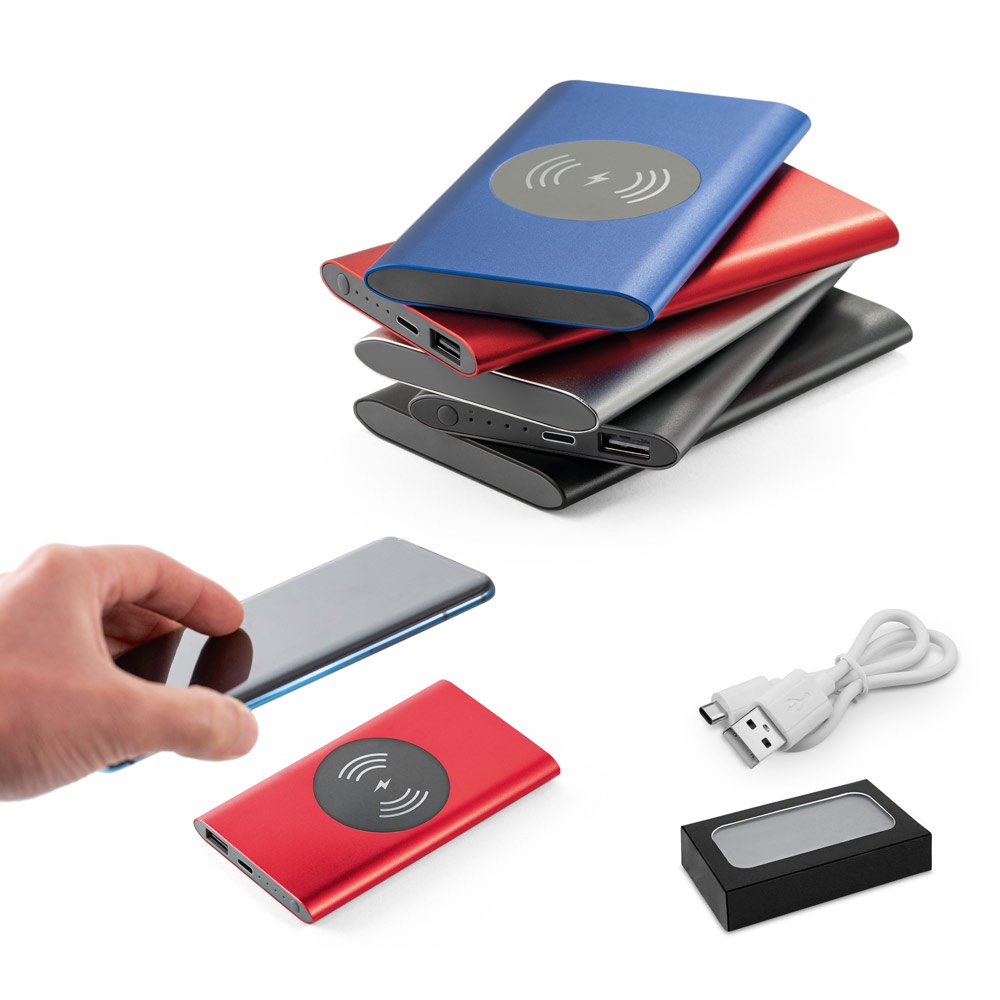 CASSINI. Power bank da 4'000 mAh con caricatore wireless da 5W in alluminio riciclato (100% rAL)