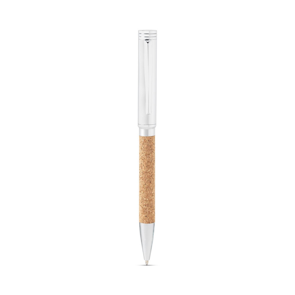 EVANS. Set composto da una penna a sfera e da un portachiavi, entrambi in metallo e sughero