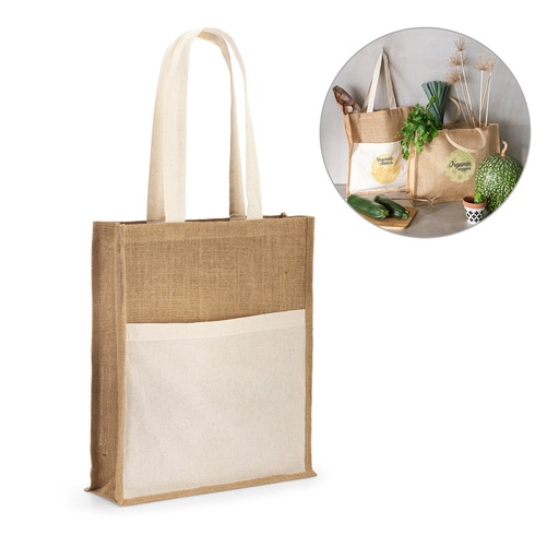 [STR-92823-160] BRAGA. Borsa in juta (240 g/m²) con tasca in 100% cotone (140 g/m²)