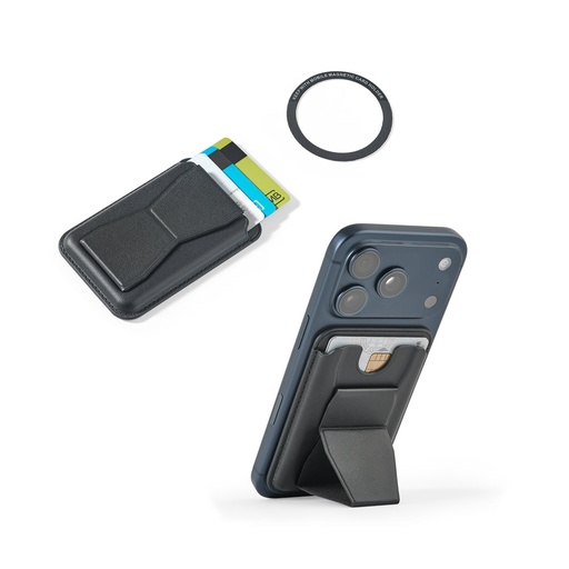 [STR-95130-103] CONNOR. Porta tessere magnetico in similpelle, si fissa facilmente sul retro del cellulare e offre protezione RFID