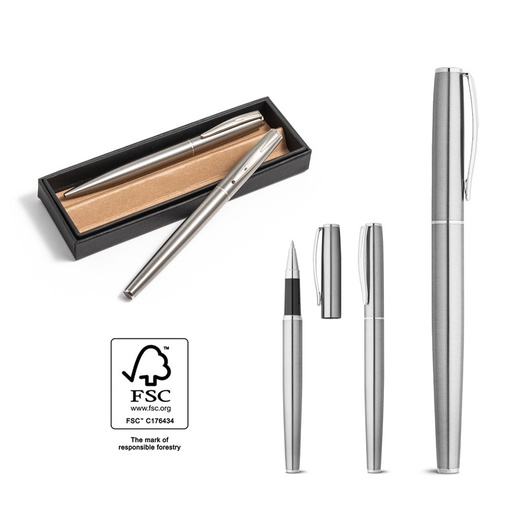 [STR-91781-127] ELLA. Set di penna roller e penna a sfera con corpo in acciaio inossidabile (53% rSS) con clip