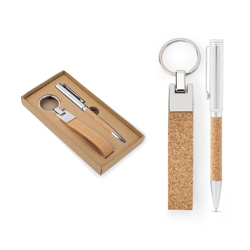 [STR-95106-160] EVANS. Set composto da una penna a sfera e da un portachiavi, entrambi in metallo e sughero
