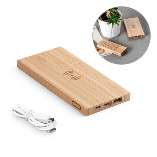 [STR-97909-160] FITCH. Power bank da 5'000 mAh con caricatore wireless da 5W in bambù