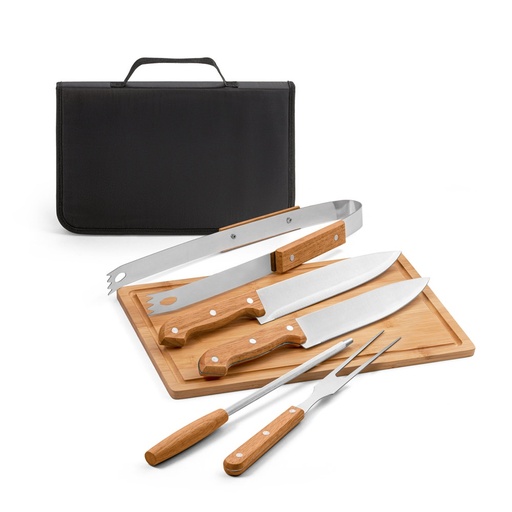 [STR-54142-103] FLARE. Set per barbecue composto da tagliere in bambù e 5 utensili in legno e acciaio inox