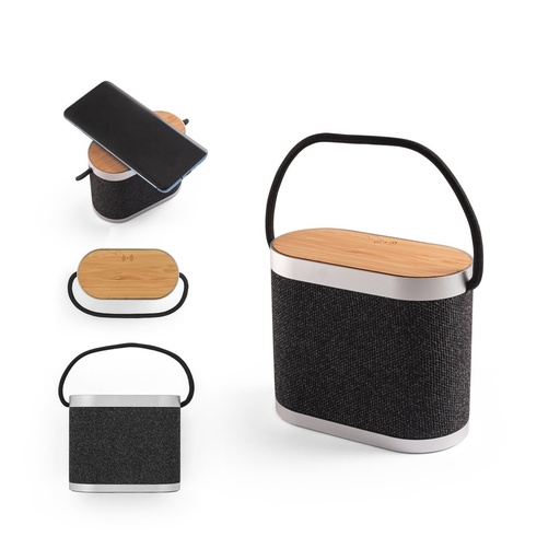 [STR-97183-133] GUETTA. Altoparlante portatile da 5W con caricatore wireless superveloce da 15W e autonomia di 2 ore in bambù e PET riciclato (100% rPET)