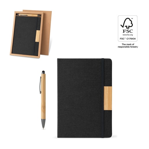[STR-93655-103] HOMERO. Set composto da un blocco note A5 con copertina rigida e una penna a sfera in bambù