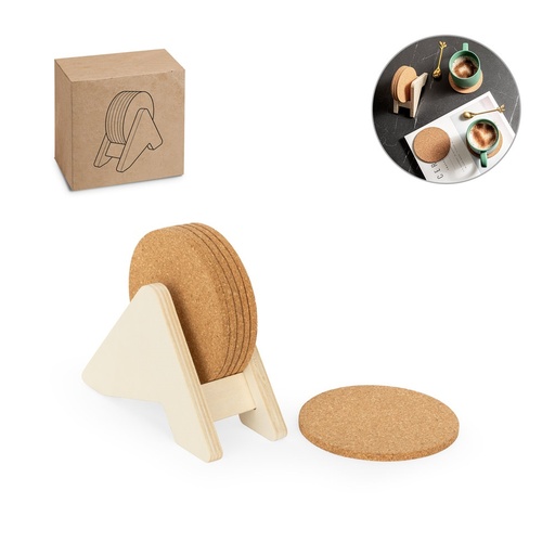 [STR-94368-160] PLYCORK. Supporto in compensato con 6 sottobicchieri in sughero