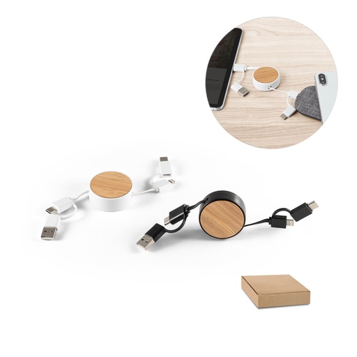 RUBINS. Cavo USB retrattile 6 in 1 in ABS riciclato (100% rABS) e bambù
