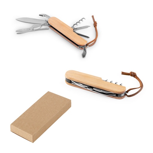 [STR-94366-160] RYKER. Coltello tascabile multifunzionale in bambù e acciaio inossidabile con manico in PU