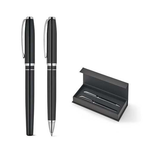 [STR-91992-103] SARAMAGO. Set di alta qualità composto da una penna a sfera e una penna roller in rame e acciaio inossidabile, con inchiostro blu