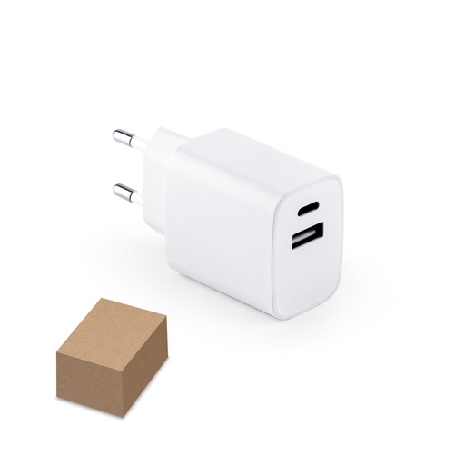 [STR-97186-106] WEGENER. Adattatore di corrente con porta USB-A 18W e porta USB-C 20W in ABS riciclato (100% rABS)