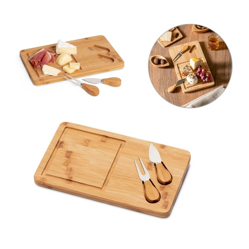 [STR-93830-160] WOODS. Tagliere per formaggi in bambù con due utensili in acciaio inossidabile
