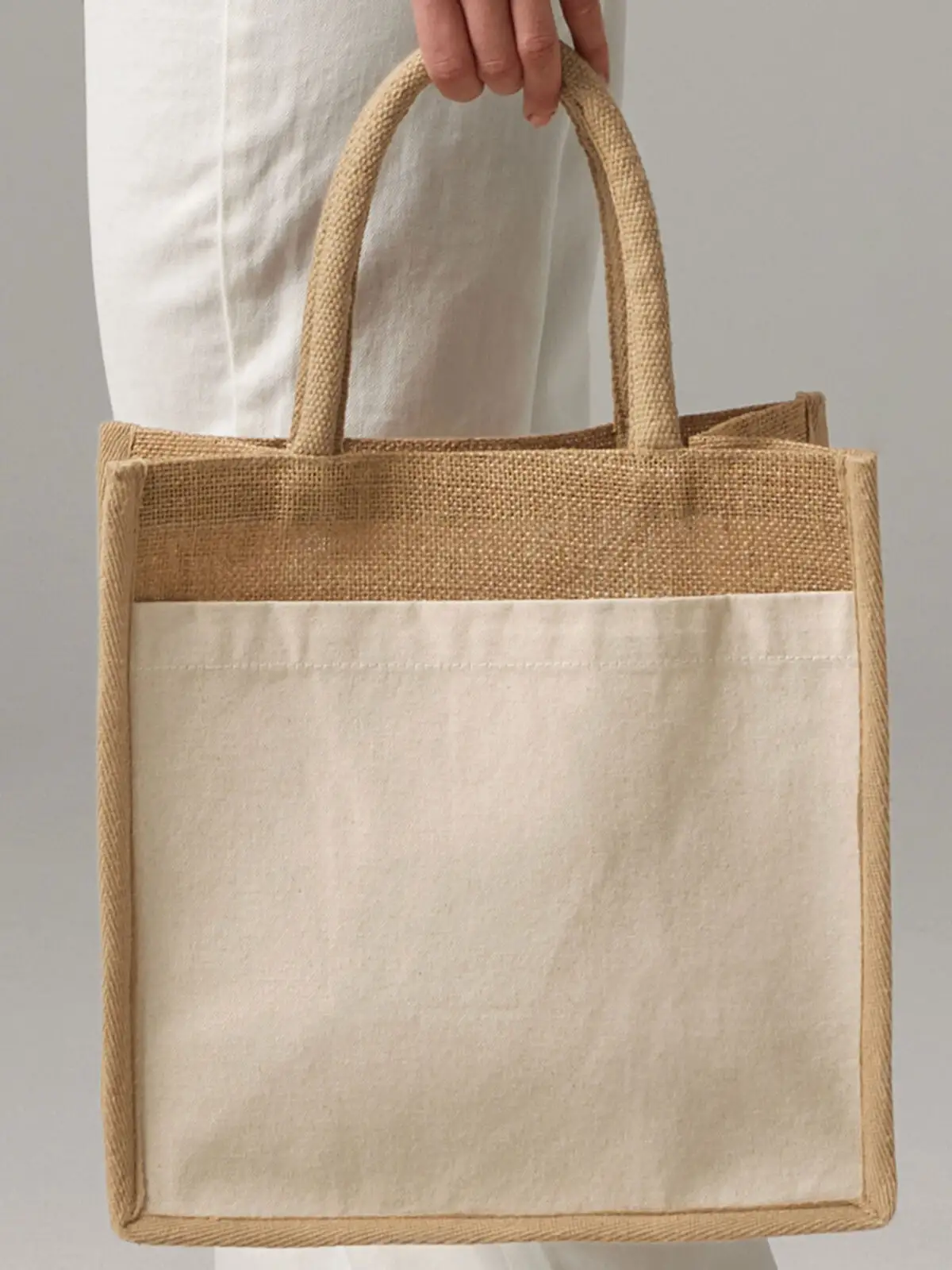 [AW-W483-NAT-UNICA] Cotton Pocket Natural Starched Jute Midi Tote